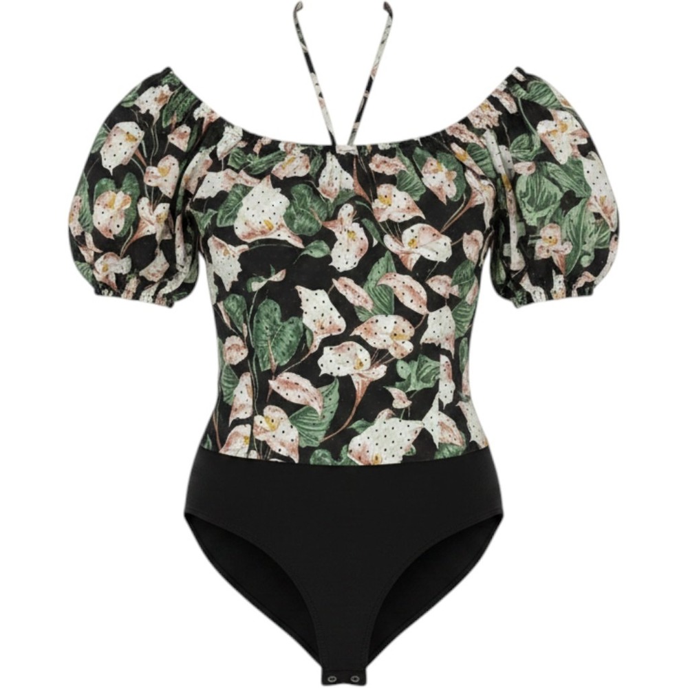 EXPRESS Black Pink Floral Smocked Bodysuit Women's Size Large NWT Puff Sleeve